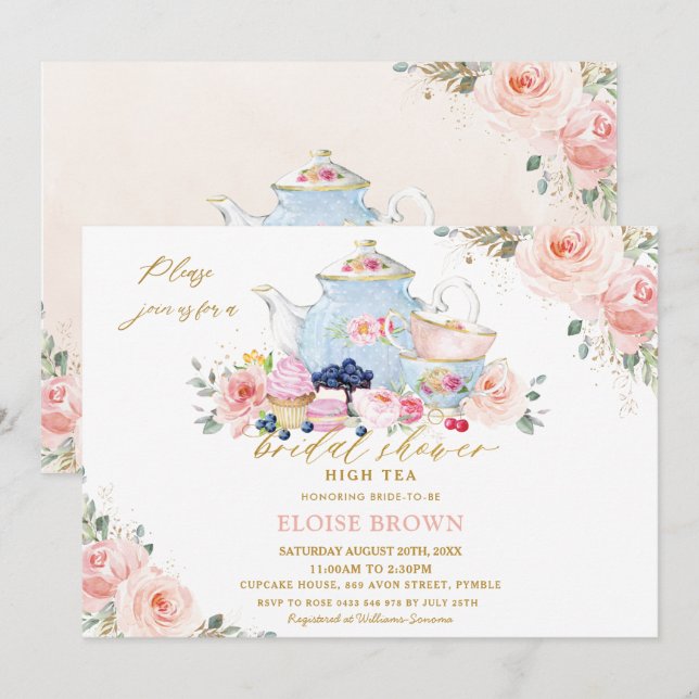 Elegant Blush Pink Floral Tea Party Bridal Shower Invitation (Front/Back)