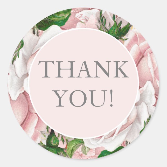 Elegant Blush Pink Floral Thank You Classic Round Sticker (Front)