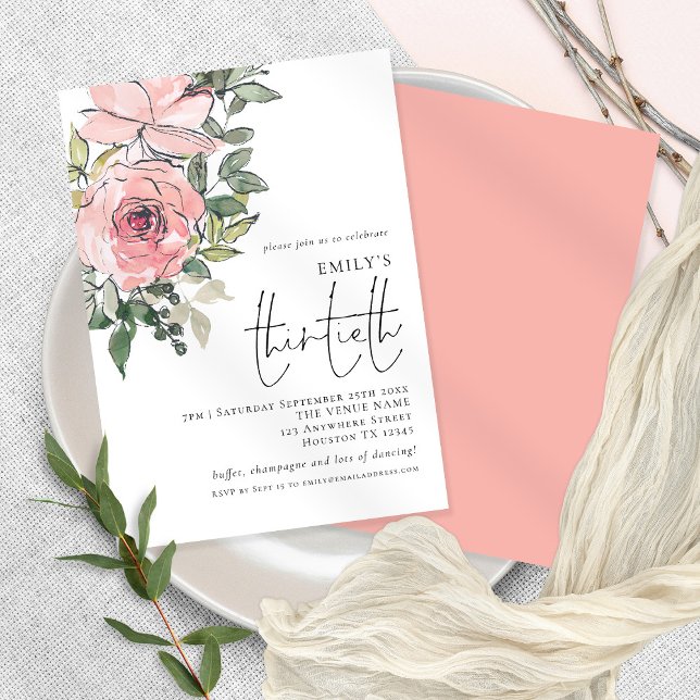 Elegant Blush Pink Floral Thirtieth Birthday Party Invitation (Creator Uploaded)
