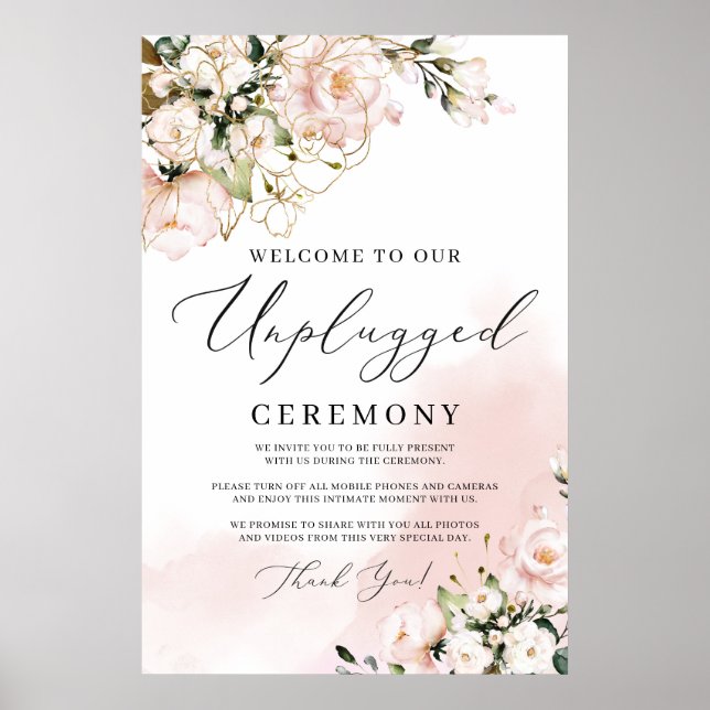 Elegant blush pink floral unplugged ceremony sign (Front)