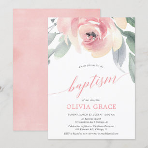 Elegant blush pink floral watercolor girl baptism invitation