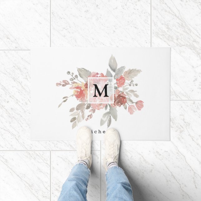 Elegant Blush Pink Floral Watercolor Monogram Doormat (Indoor)