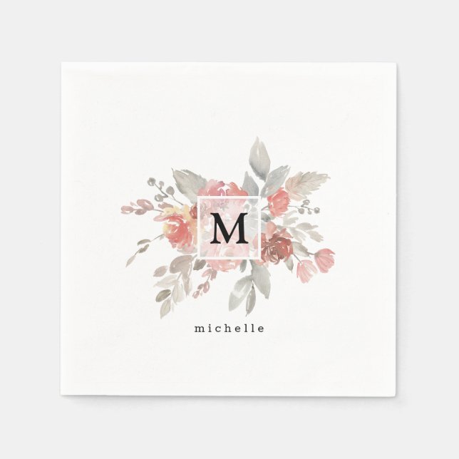 Elegant Blush Pink Floral Watercolor Monogram Napkin (Front)