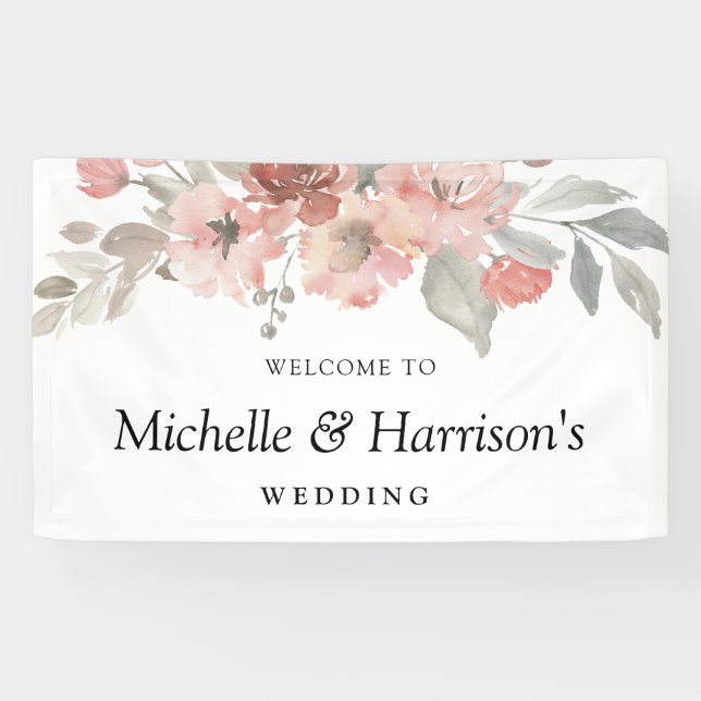 Elegant Blush Pink Floral Watercolor Wedding Banner (Horizontal)