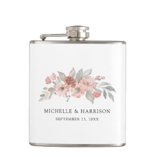 Elegant Blush Pink Floral Watercolor Wedding Hip Flask