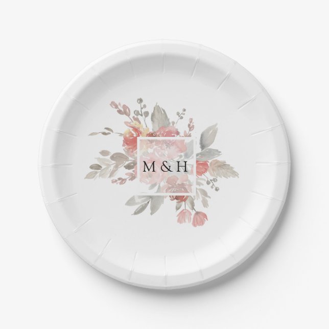 Elegant Blush Pink Floral Watercolor Wedding Paper Plate (Front)