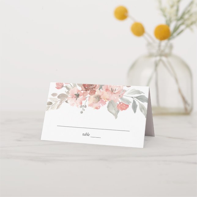 Elegant Blush Pink Floral Watercolor Wedding Place Card (Front)
