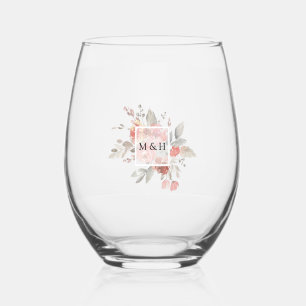 Elegant Blush Pink Floral Watercolor Wedding Stemless Wine Glass
