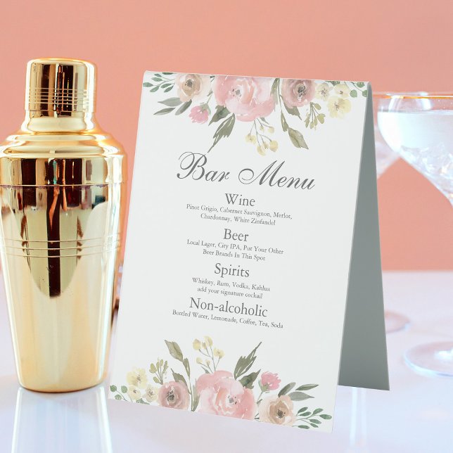Elegant Blush Pink Floral Wedding Bar Menu (Creator Uploaded)