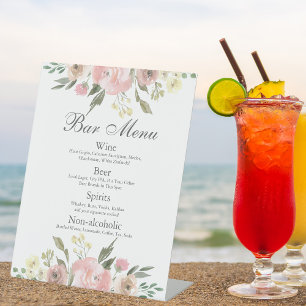 Elegant Blush Pink Floral Wedding Bar Menu Pedestal Sign