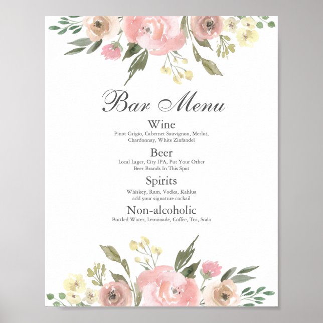 Elegant Blush Pink Floral Wedding Bar Menu Poster (Front)