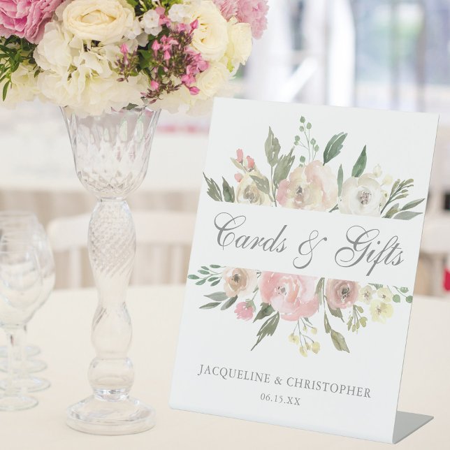 Elegant Blush Pink Floral Wedding Cards & Gifts Pedestal Sign (Creator Uploaded)