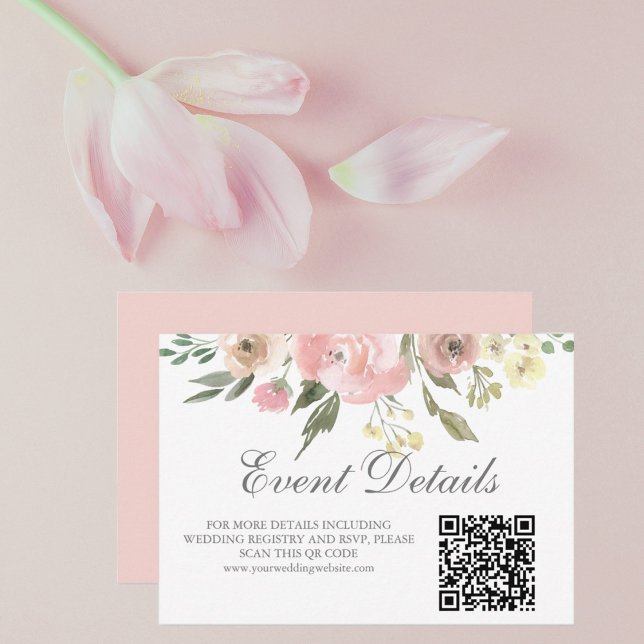 Elegant Blush Pink Floral Wedding Details QR Code RSVP Card (Creator Uploaded)