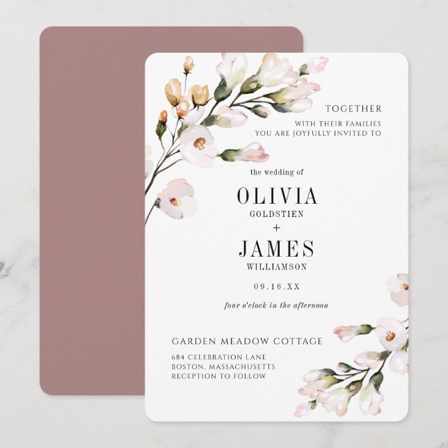 Elegant Blush Pink Floral Wedding Invitation (Front/Back)