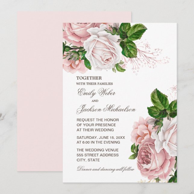 Elegant Blush Pink Floral Wedding Invitation (Front/Back)