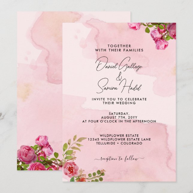 Elegant Blush Pink Floral Wedding Invitation (Front/Back)
