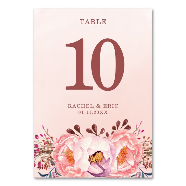 Elegant Blush Pink Floral Wedding Party Table Number (Front)