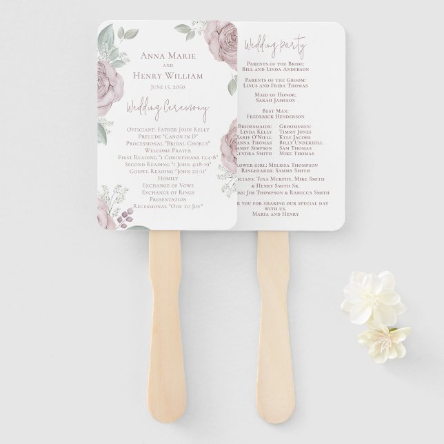 Elegant Blush Pink Floral Wedding Program Hand Fan (Front and Back)