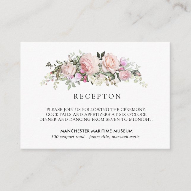 Elegant Blush Pink Floral Wedding Reception Enclosure Card (Front)
