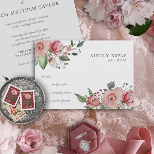 Elegant Blush Pink Floral Wedding RSVP Card (This floral RSVP card has an elegant, vintage look and features pink watercolor roses.)