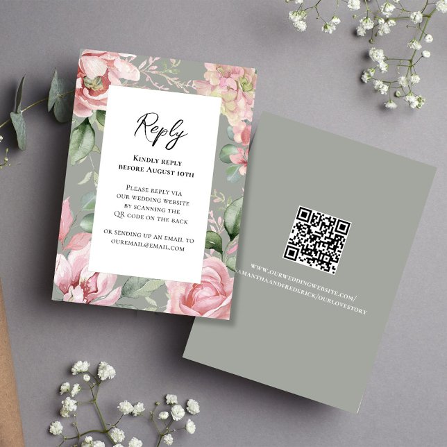 Elegant Blush Pink Floral Wedding  RSVP Card (Elegant blush pink rsvp card with scannable QR code. )