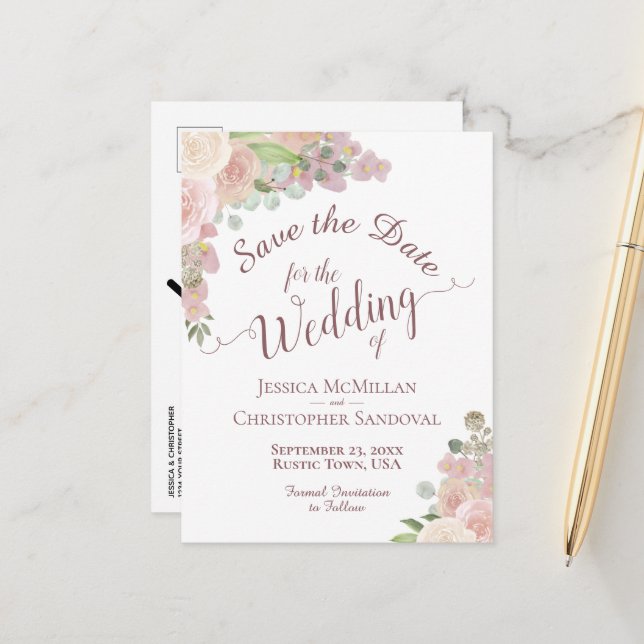 Elegant Blush Pink Floral Wedding Save the Date Announcement Postcard (Front/Back In Situ)