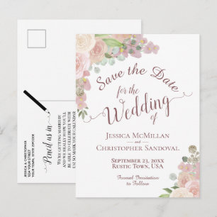 Elegant Blush Pink Floral Wedding Save the Date Announcement Postcard