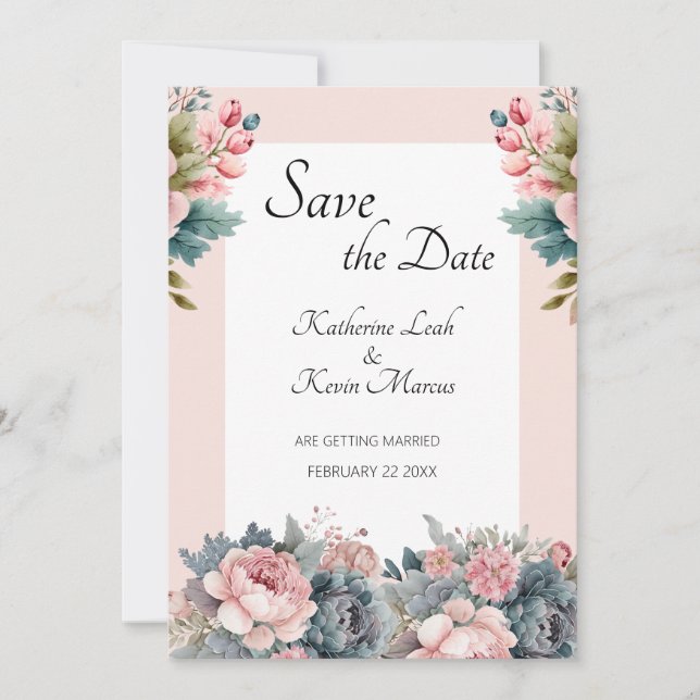 Elegant Blush Pink Floral Wedding Save the Date Invitation (Front)