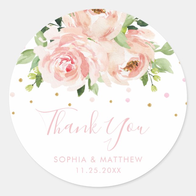 Elegant Blush Pink Floral Wedding Thank You Favor Classic Round Sticker (Front)