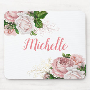 Elegant Blush Pink Floral White Mouse Mat