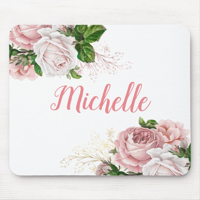 Elegant Blush Pink Floral White Mouse Mat (Front)