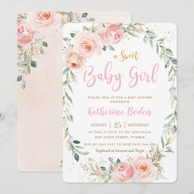 Elegant Blush Pink Floral Wreath Girl Baby Shower  Invitation (Front/Back)