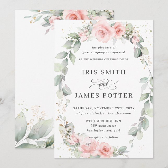 Elegant Blush Pink Floral Wreath Leafy Wedding Invitation (Front/Back)