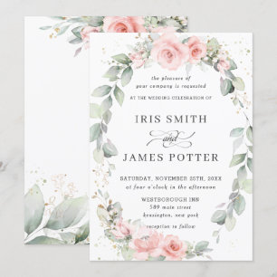 Elegant Blush Pink Floral Wreath Leafy Wedding Invitation