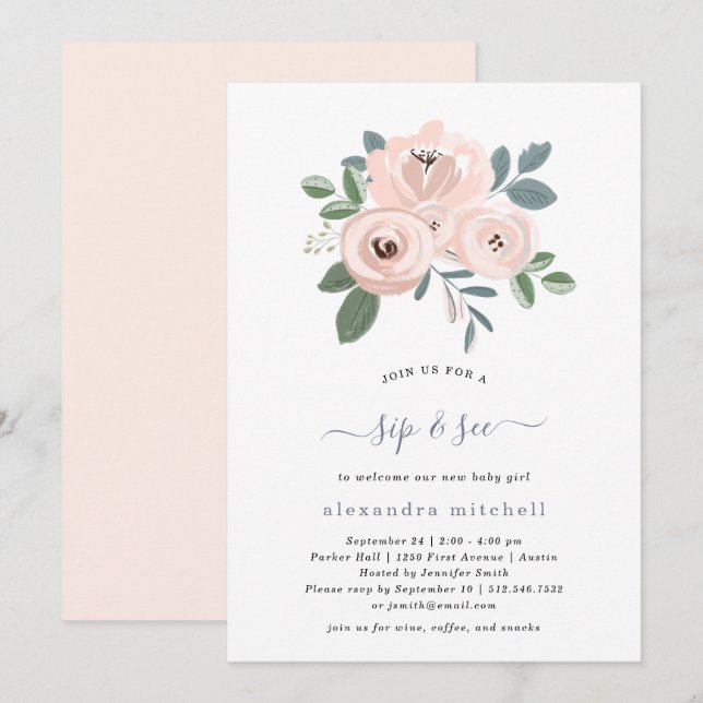 Elegant Blush Pink Flowers | Baby Sip and See Invitation (Front/Back)