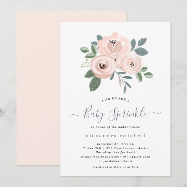 Elegant Blush Pink Flowers | Baby Sprinkle Invitation (Front/Back)