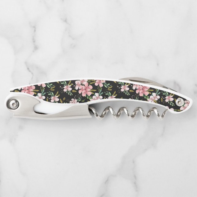 Elegant Blush Pink Flowers Black Party Wine Corkscrew (Front)