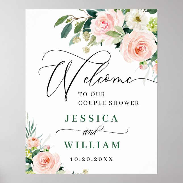 Elegant Blush Pink Flowers Boho Couples Shower Poster (Front)
