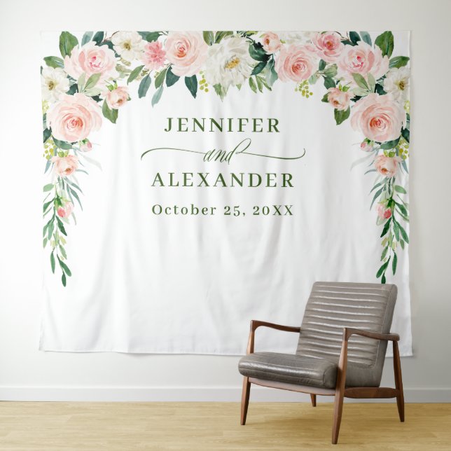 Elegant Blush Pink Flowers Boho Wedding Backdrop Tapestry (In Situ (Horizontal))