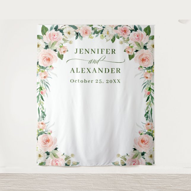Elegant Blush Pink Flowers Boho Wedding Backdrop Tapestry (Front)