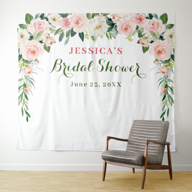 Elegant Blush Pink Flowers Bridal Shower Backdrop Tapestry (In Situ (Horizontal))