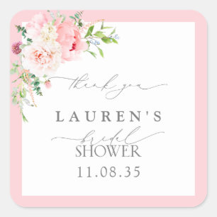 Elegant Blush Pink Flowers Bridal Shower Thank You Square Sticker