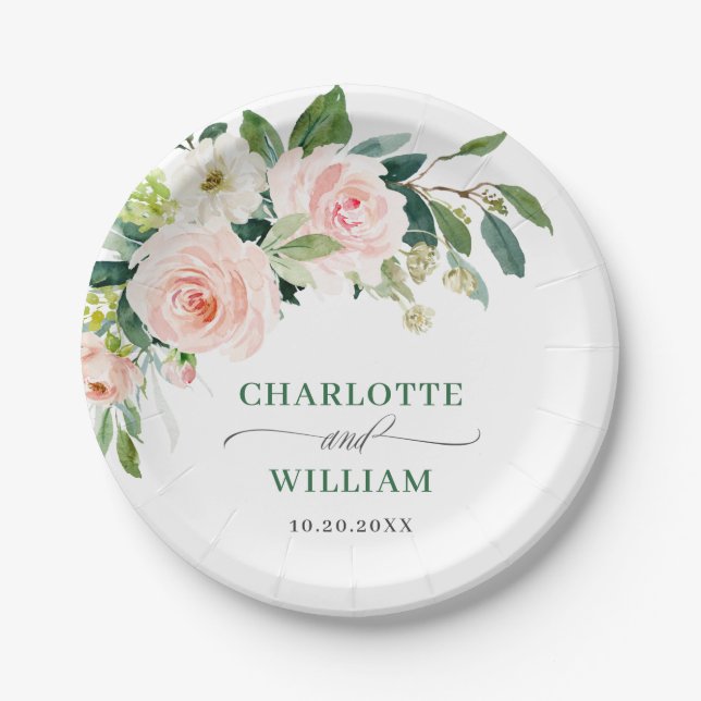 Elegant Blush Pink Flowers Floral Boho Wedding Paper Plate (Front)