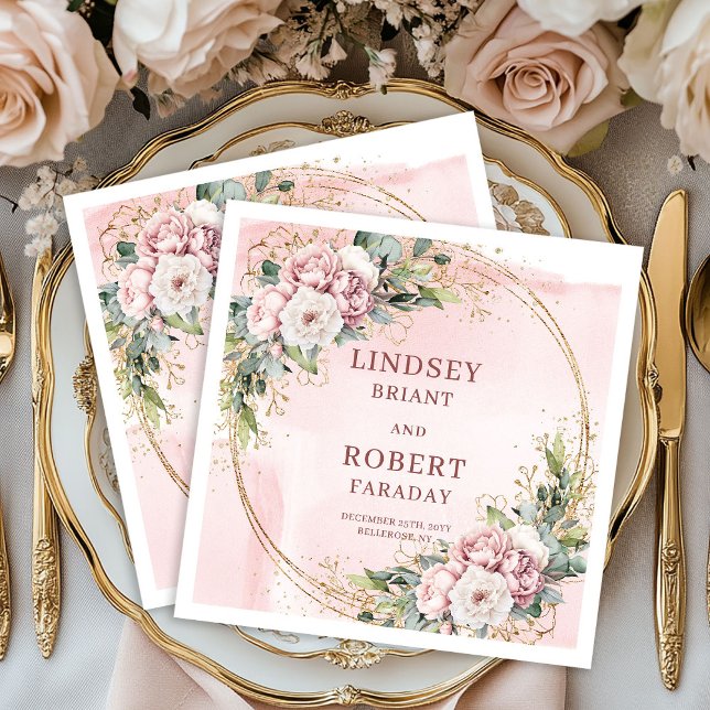 Elegant Blush Pink Flowers Gold Glitter Wedding   Napkin (Elegant Blush Pink Flowers Gold Glitter Wedding Napkins)