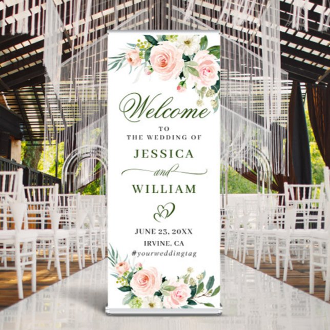 Elegant Blush Pink Flowers Greenery Boho Wedding Retractable Banner (Creator Uploaded)