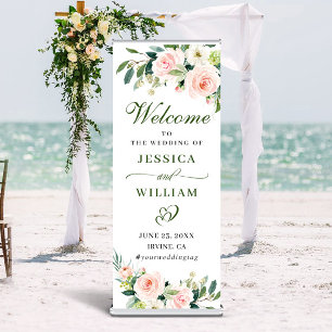 Elegant Blush Pink Flowers Greenery Boho Wedding Retractable Banner