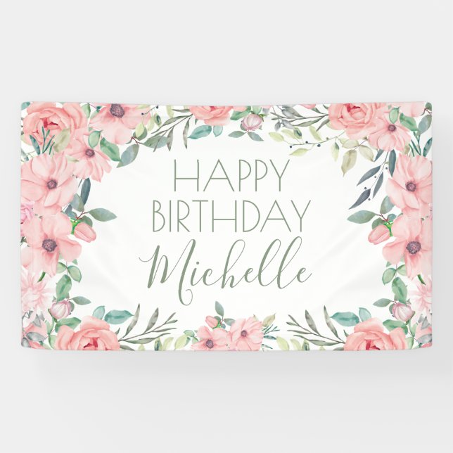Elegant Blush Pink Flowers Happy Birthday Banner (Horizontal)