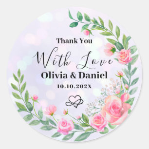 Elegant Blush Pink Flowers Thank You Wedding Classic Round Sticker