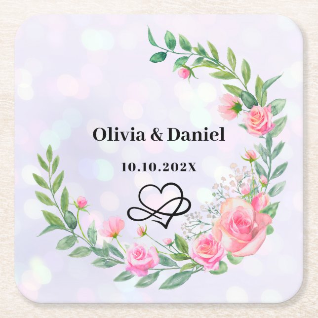 Elegant Blush Pink Flowers Thank You Wedding Square Paper Coaster (Front)