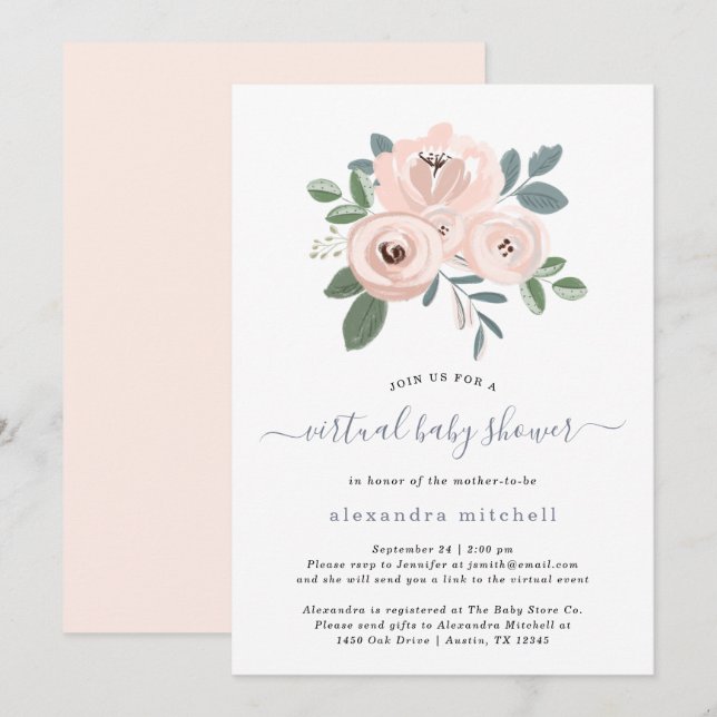 Elegant Blush Pink Flowers | Virtual Baby Shower Invitation (Front/Back)